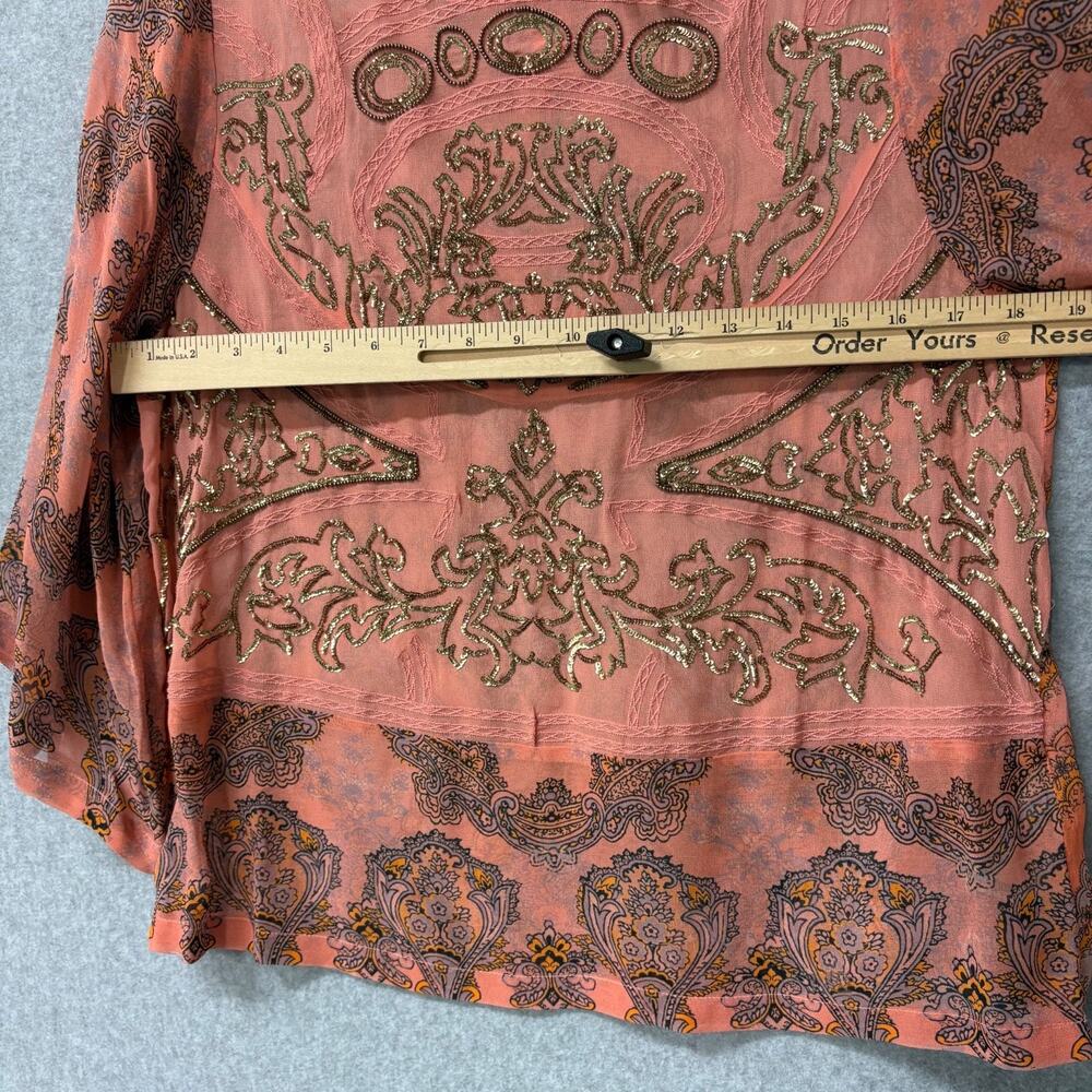 Anthropologie Ignacia Sheer Sequined Blouse Coral Gold Boho Top Women S - Picture 6 of 9
